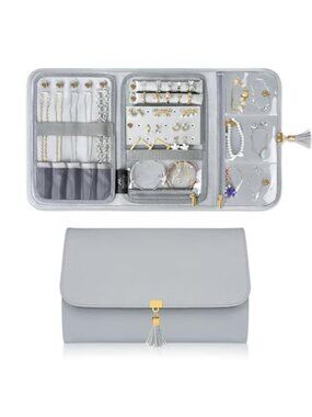 Travel Jewelry Organizer Roll Necklace Ring Earring Storage Case Portable Gray